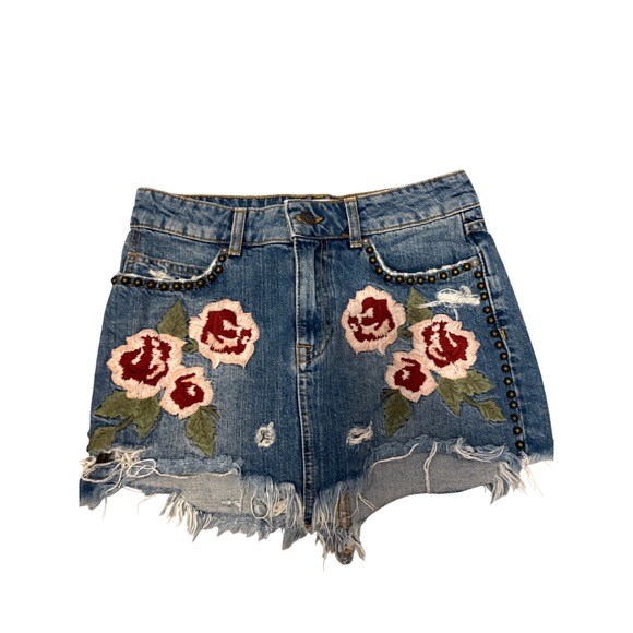 Free People Dresses & Skirts - Free People Wild Rose Embroidered Studded Distressed Denim Mini Skirt Size 25